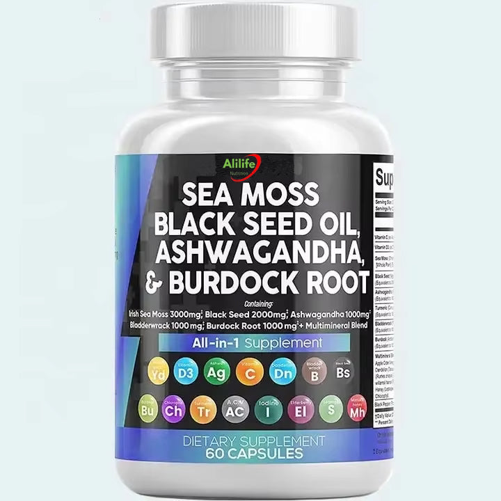 Sea Moss 3000mg Black Seed Oil 2000mg Ashwagandha 1000mg Turmeric 1000mg Bladderwrack 1000mg Burdock 1000mg, Vitamin C Vitamin D3 with Elderberry Manuka Dandelion Yellow Dock by Alilife Nutrition.