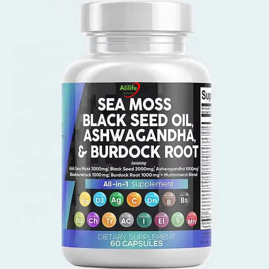 Sea Moss 3000mg Black Seed Oil 2000mg Ashwagandha 1000mg Turmeric 1000mg Bladderwrack 1000mg Burdock 1000mg, Vitamin C Vitamin D3 with Elderberry Manuka Dandelion Yellow Dock by Alilife Nutrition.