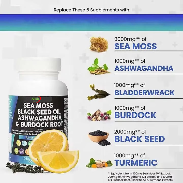 Sea Moss 3000mg Black Seed Oil 2000mg Ashwagandha 1000mg Turmeric 1000mg Bladderwrack 1000mg Burdock 1000mg, Vitamin C Vitamin D3 with Elderberry Manuka Dandelion Yellow Dock by Alilife Nutrition.