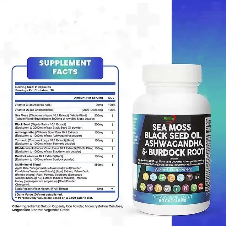 Sea Moss 3000mg Black Seed Oil 2000mg Ashwagandha 1000mg Turmeric 1000mg Bladderwrack 1000mg Burdock 1000mg, Vitamin C Vitamin D3 with Elderberry Manuka Dandelion Yellow Dock by Alilife Nutrition.